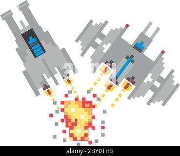 space ships fighting 8 bits pixelated icon vector illustration design Stock Vector