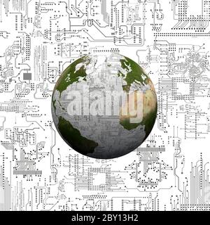 the earth and the electronic circuits Stock Photo
