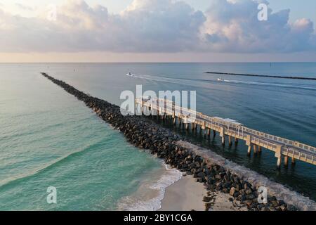 Aerial view of Government Cut and South Pointe Park on Miami Beach, Florida at sunrise in calm weather during COVID-19 shutdown. Stock Photo