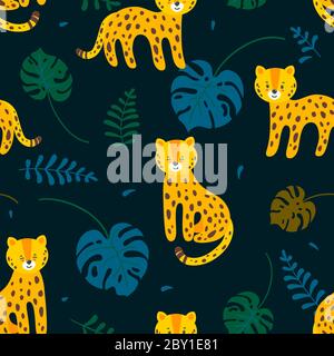 Jungle seamless pattern with leopards and leaves in dark blue background. Tropical vector illustration in flat style Stock Vector