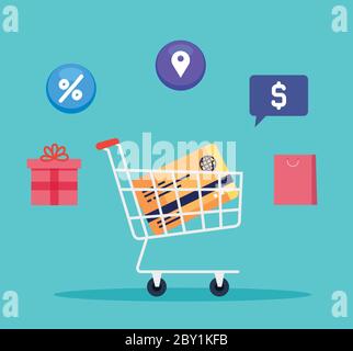 credit card inside shopping cart and icon set vector design Stock Vector