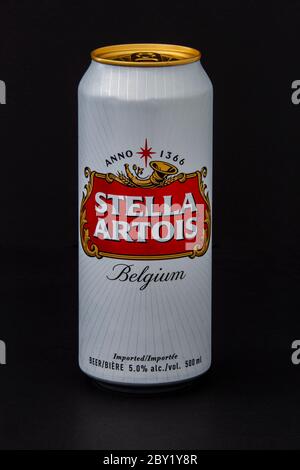 Calgary, Alberta, Canada. June 08, 2020. An isolated Stella Artois Tallboy Beer Can on a black background. Stock Photo
