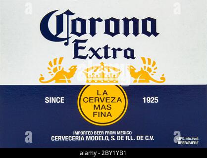 Calgary, Alberta, Canada. June 08, 2020. A close up a Corona Extra beer box. Stock Photo