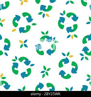 Seamless pattern with symbol of recycling and leaves. Green and blue arrows. Flat vector illustration Stock Vector