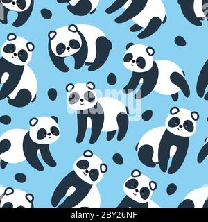 Colorful seamless pattern with cute pandas for textile, paper and fabric on blue background with flowers. Vector illustration in flat style Stock Vector