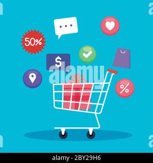 Gift inside shopping cart and icon set vector design Stock Vector