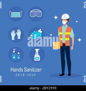 Engineer with mask and hands sanitizer prevention tips vector design Stock Vector