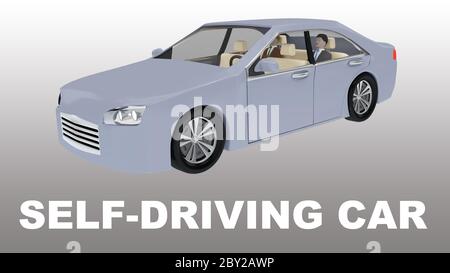 3D illustration of SELF-DRIVING CAR title under an autonomous car with two passengers, isolatet over gray gradient. Stock Photo