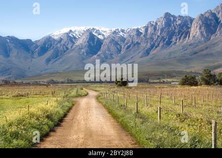 Ceres Mountains, Western Cape, South Africa - August 11th, 2018. View of the snow covered mountains in the upper Breede River Valley region. Stock Photo