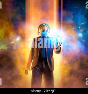 Night of the magician / 3D illustration of suited male figure with astronaut helmet conjuring glowing ball of energy in outer space Stock Photo