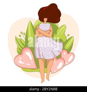 Vector Love yourself and take care of yourself concept. Girl, hugging herself with big love heart. Girl Healthcare Skincare illustration about Take Stock Vector