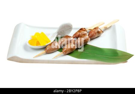 Grilled chicken hearts on skewers Stock Photo