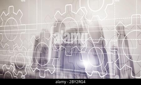 3D Gears mechanism, digital transformation on abstract background. Stock Photo