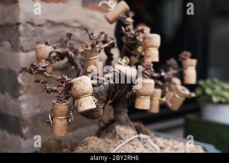 Decorative tree plant on a pot made from used wine cork. Bonsai tree made from wine cork. Stock Photo