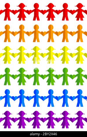 Rainbow flag made of a chain of colored paper people figures holding hands isolated on white background. LGBTQ concept Stock Vector