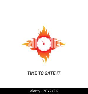 Clock in fire. Time logo - vector. Burning wall watch with flames isolated on white background in flat vector illustration. Stock Vector