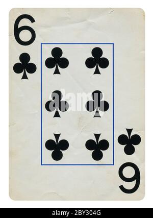 Six of Clubs Vintage playing card - isolated on white (clipping path included) Stock Photo