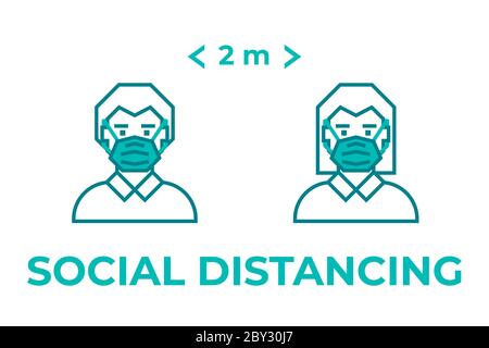 Man and woman wearing face mask maintain social distancing. Precautions for the coronavirus. Steps to protect yourself. Stock Vector