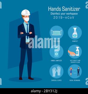 Engineer with mask and hands sanitizer prevention tips vector design Stock Vector