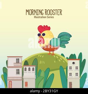 Beautiful morning comes with a sound of a singing rooster Stock Vector