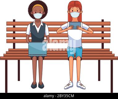 interracial women wearing medical masks using technology seated in park chair vector illustration Stock Vector