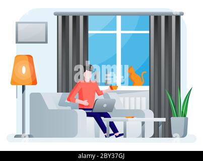 Interior of modern living room. Man working on laptop. Sofa, plant, desk, lamp. Cat sitting on window with curtains. Home decor in minimalistic design. Flat style vector Stock Vector