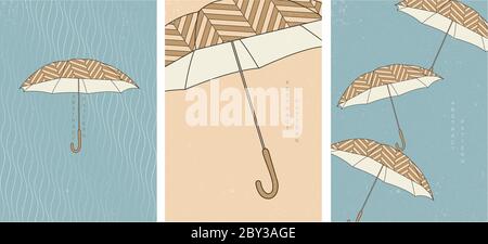Umbrella background with Japanese wave pattern vector. Rainy season with poster design in vintage style. Stock Vector