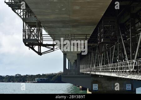 Detail view of concrete and steel construction parts from under Harbour Bridge in Auckland. Stock Photo