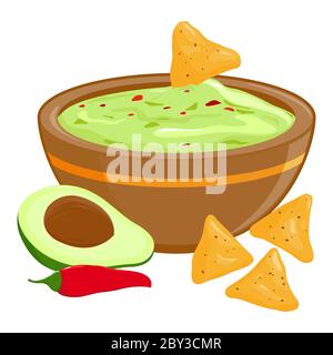 Bowl of avocado guacamole and nachos chips. Stock Photo