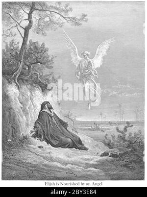 Elijah Nourished by an Angel 1 Kings 19:5-6 From the book 'Bible Gallery' Illustrated by Gustave Dore with Memoir of Dore and Descriptive Letter-press by Talbot W. Chambers D.D. Published by Cassell & Company Limited in London and simultaneously by Mame in Tours, France in 1866 Stock Photo