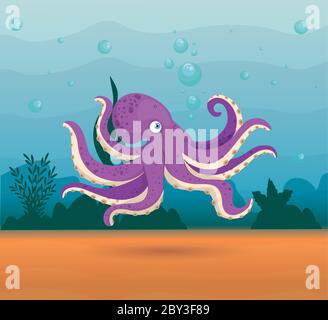 octopus animal marine in ocean, sea world dweller, cute underwater creature,habitat marine Stock Vector