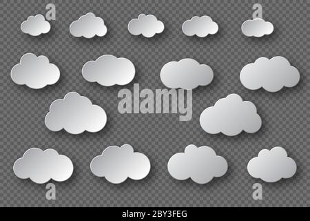 Paper cut white clouds collection. 3d effect with shadow. Decorative elements isolated on transparent background, vector illustration. Stock Vector