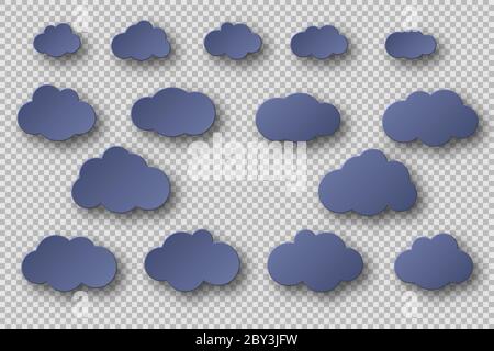 Paper cut blue clouds collection. 3d effect with shadow. Decorative elements isolated on transparent background, vector illustration. Stock Vector