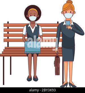 interracial women wearing medical masks using technology seated in park chair vector illustration Stock Vector