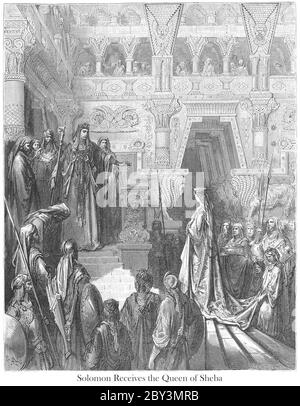 Solomon Receiving the Queen of Sheba 2 Chronicles 9:1-2 From the book 'Bible Gallery' Illustrated by Gustave Dore with Memoir of Dore and Descriptive Letter-press by Talbot W. Chambers D.D. Published by Cassell & Company Limited in London and simultaneously by Mame in Tours, France in 1866 Stock Photo