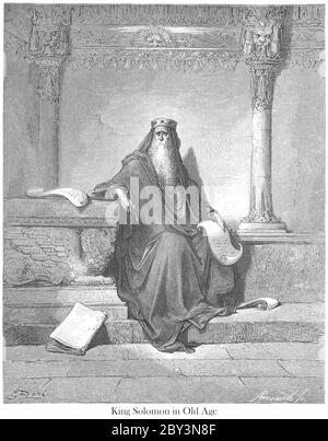 King Solomon in Old Age 2 Chronicles 1:10 From the book 'Bible Gallery' Illustrated by Gustave Dore with Memoir of Dore and Descriptive Letter-press by Talbot W. Chambers D.D. Published by Cassell & Company Limited in London and simultaneously by Mame in Tours, France in 1866 Stock Photo