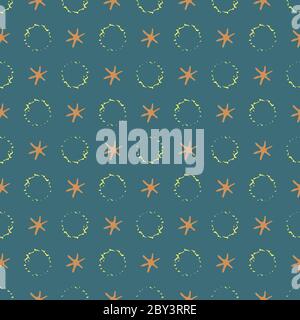 Abstract moon crater and stars vector seamless pattern background. Naive style hand drawn celestial meteor imprints teal gold backdrop. Conceptual all Stock Vector