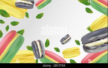 Flying colorful macaroons on transparent background. France macaroons in motion with green leaves. Sweet dessert. 3D realistic vector Stock Vector