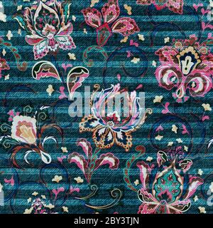 Vector Denim floral seamless pattern. Jeans background with fantasy flowers. Blue jeans cloth background Stock Vector