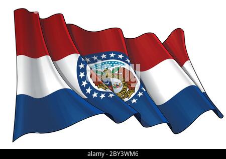 Vector illustration of a Waving Flag of the State of Missouri.  All elements neatly on well-defined layers and groups. Stock Vector