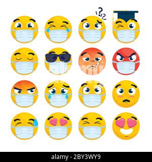 set of emoji wearing medical mask, yellow faces with a white surgical mask, icons for covid 19 coronavirus outbreak Stock Vector
