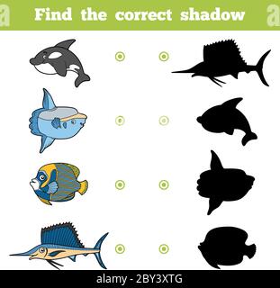 Find the correct shadow, education game for children. Vector set of sea animals Stock Vector