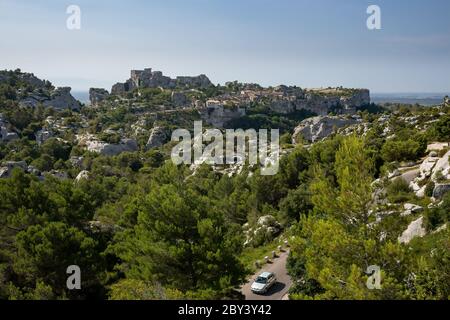A view of the French commune Les Baux-de-Provence which is located in the Bouches-du-Rhône department of the province of Provence in the Provence-Alpe Stock Photo