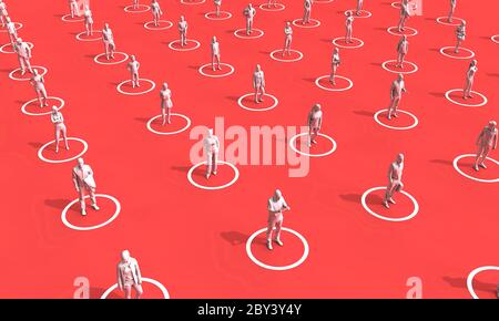 Social distancing concept. People stood in isolated circles. 3D Rendering Stock Photo