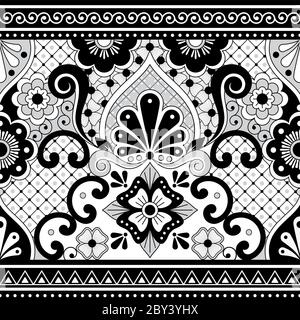 Mexican Talavera Poblana vector seamless pattern, repetitive background inspired by traditional pottery and ceramics design from Mexico in black and w Stock Vector