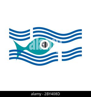 Vector logo abstract fish into the sea with waves Stock Vector