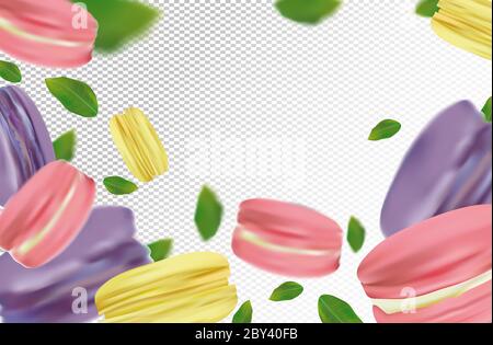 Flying colorful macaroons on transparent background. France macaroons in motion with green leaves. Sweet dessert. 3D realistic vector Stock Vector