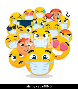 set of emoji wearing medical mask, yellow faces with white surgical masks, icons for covid 19 coronavirus outbreak Stock Vector