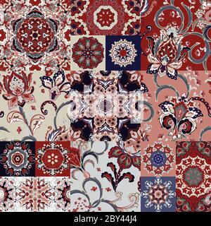 Seamless vector patchwork tile with fantasy hand draw flowers and mandalas. Background set with red blue gray ornament in arabic style. Stock Vector