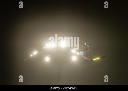 spaceship flying in the sky 3d illustration Stock Photo